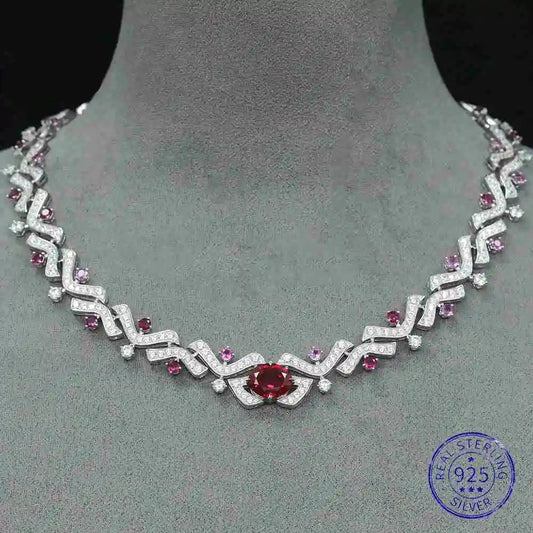 Vintage 100% 925 Sterling Silver Lab Sapphire & Ruby Gemstone Cocktail Necklace | Fine Jewelry Anniversary Gift - HER SHOP
