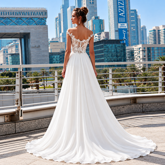 A woman wearing a white off-the-shoulder wedding gown with a lace bodice, high slit, and flowing train, standing on a balcony with a city skyline in the background. Vintage Lace Boho Beach Wedding Gown – A-Line with Romantic Appliqués, Custom Made - HER SHOP®