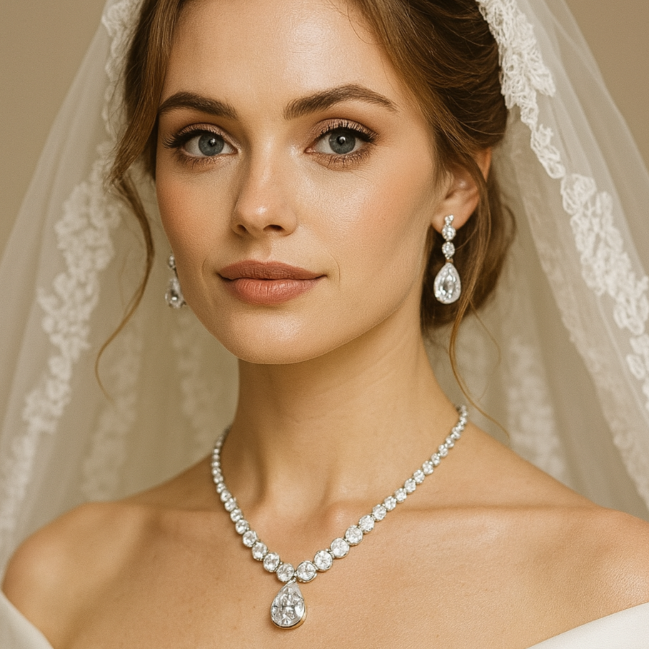 Water Drop Zircon Bridal Jewelry Set Pendant Necklace & Earrings for Wedding Dress or Any Special Occasion