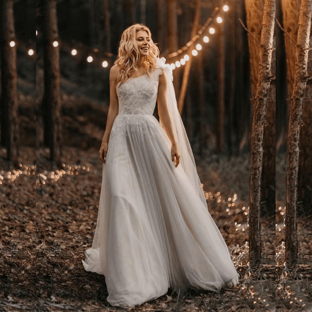 Custom One-Shoulder Ruched Tulle Beach Boho Wedding Dress with Beading & Floral Appliqués