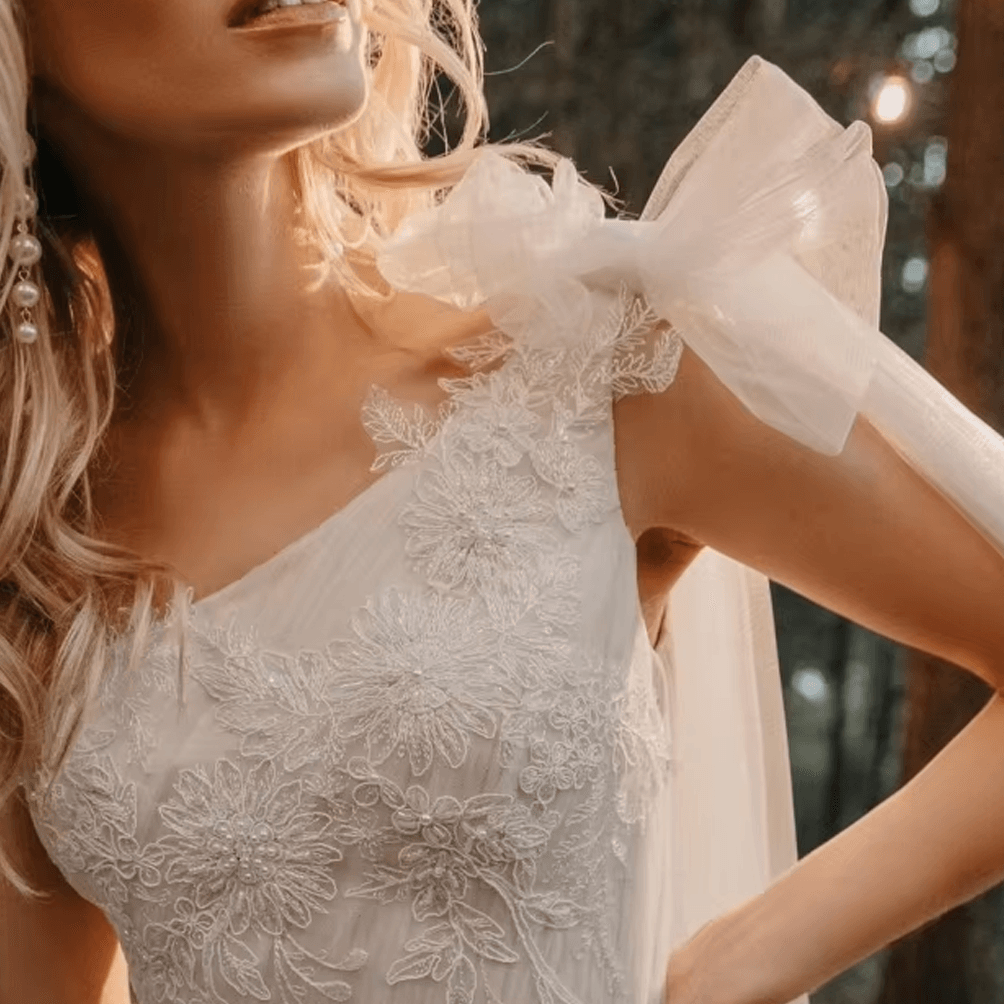 Custom One-Shoulder Ruched Tulle Beach Boho Wedding Dress with Beading & Floral Appliqués
