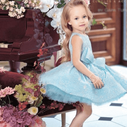 Sky Blue Flower Girl Dress - Tiered Glitter Sleeveless Wedding & Party Gown, Summer Communion - HER SHOP®