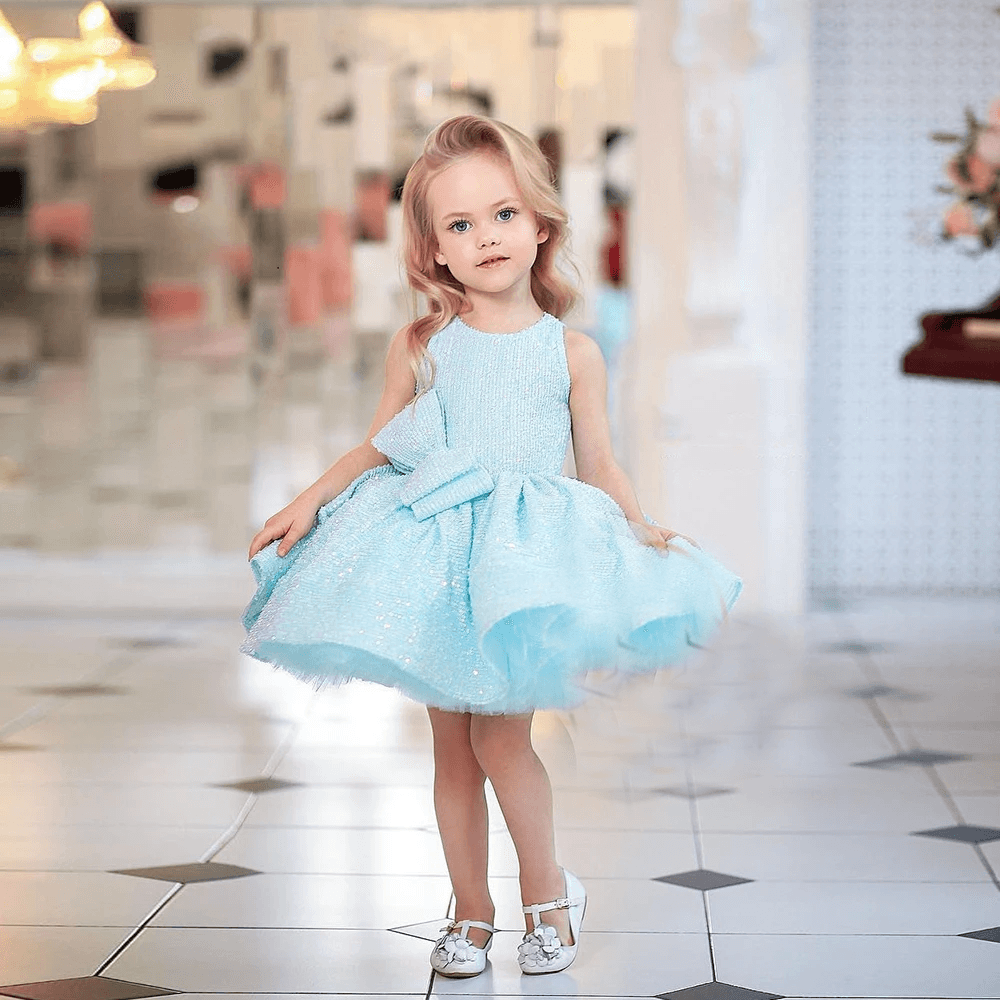 Sky Blue Flower Girl Dress - Tiered Glitter Sleeveless Wedding & Party Gown, Summer Communion Media 4 of 4
