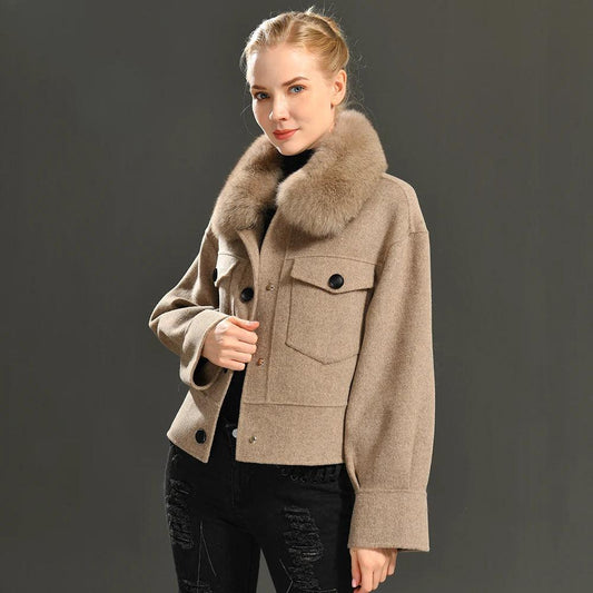 Women's Cashmere Wool Coat with Real Fur Collar – Winter Cropped Jacket, Full Sleeves, Pocketed Streetwear Outerwear - HER SHOP