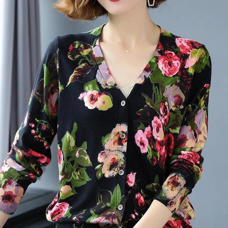 Women s Floral Print Cardigan Casual Long Sleeve Knitwear Single Br HER SHOP