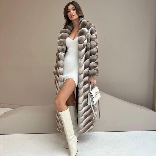 Women's Long Rex Rabbit Fur Overcoat with Chinchilla-Look... - HER SHOP
