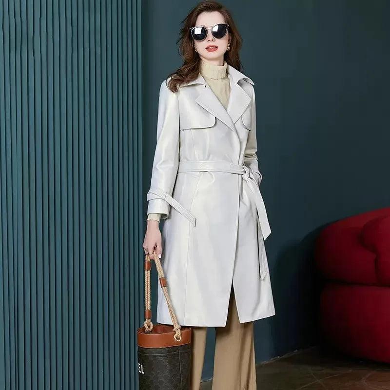 Women's Luxury Genuine Sheepskin Leather Long Trench Coat – Elegant Slim Fit White Belted Windbreaker for Autumn Office - HER SHOP
