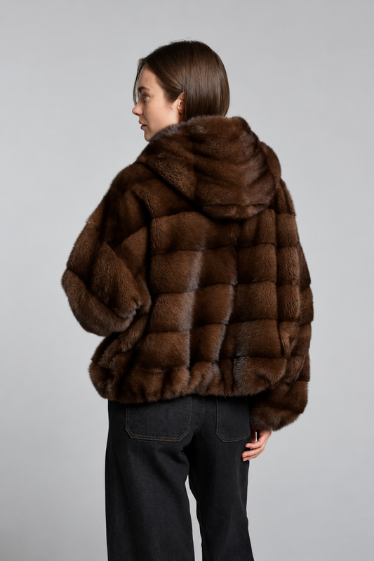 Women’s mahogany brown mink fur coat with hood down and horizontal fur panels. - HER SHOP®