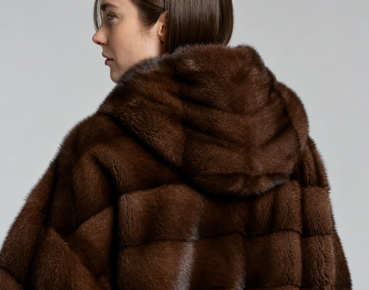 Women’s mahogany brown mink fur coat with hood up and hands in pockets.