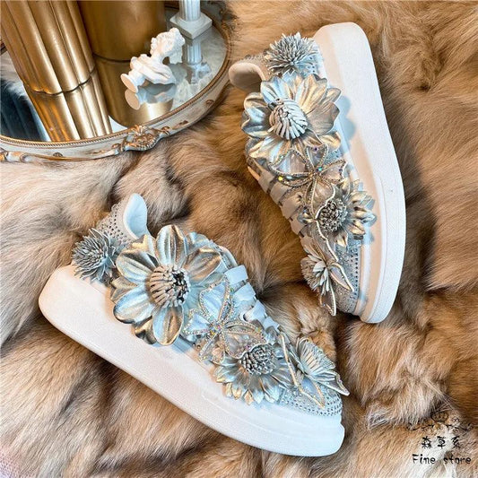 Women's Silver Butterfly Bow Crystal Sneakers – Stylish Platform Shoes with Diamond & Floral Accents - HER SHOP®