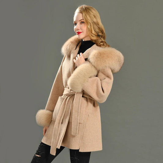 Women's Winter Coat - Real Fur Hood, 100% Natural Fox Fur Collar & Cuffs, Cashmere Wool Blend, Oversized Loose Fit Outerwear - HER SHOP