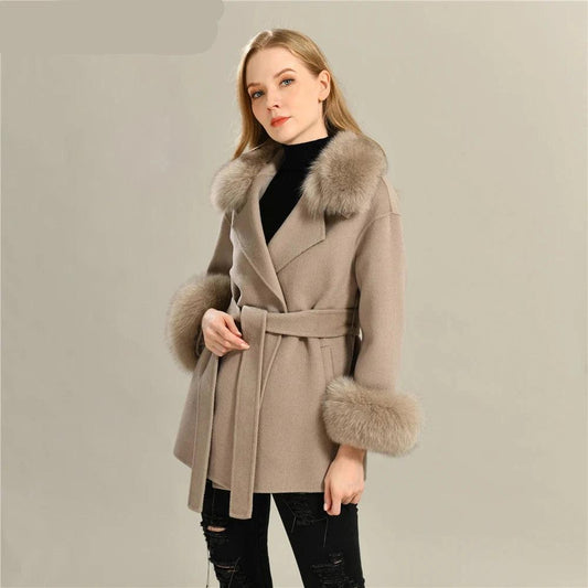 Women's Wool Coat with Real Fur - Elegant Medium-Length Cashmere Blend Coat for Autumn/Winter Fashion - HER SHOP