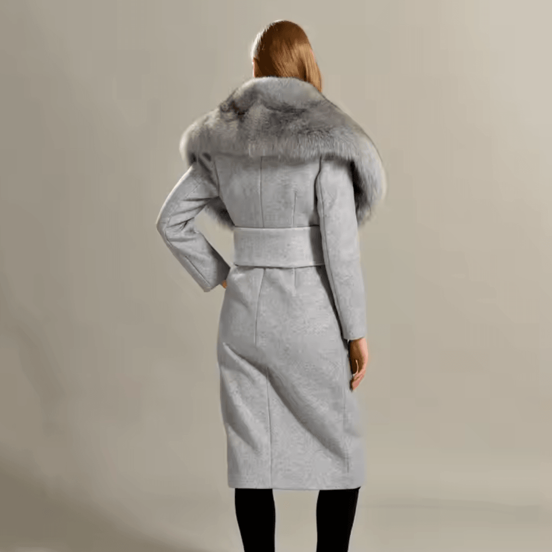 Elegant Cashmere Wool Coat for Women with Luxurious Large Fox Fur Collar – Top Quality, Trendy Style