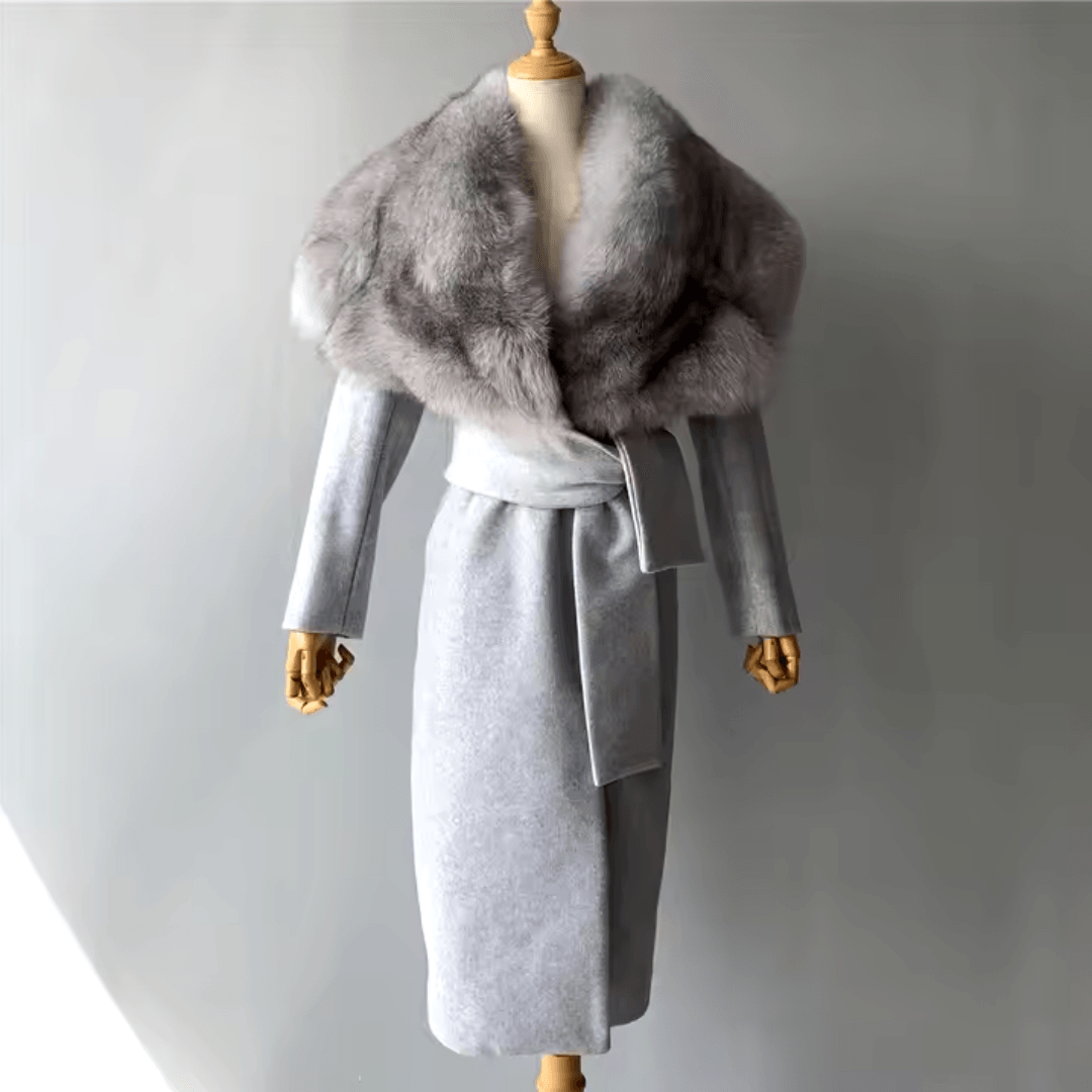 Elegant Cashmere Wool Coat for Women with Luxurious Large Fox Fur Collar – Top Quality, Trendy Style