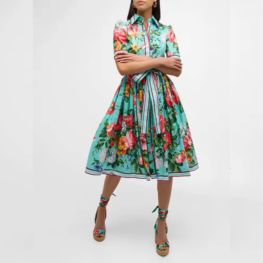 Women's Summer Floral Shirt Dress  -  2025 Runway-Inspired Midi with Lace-Up Waist | Casual Chic Short Sleeve Vestido