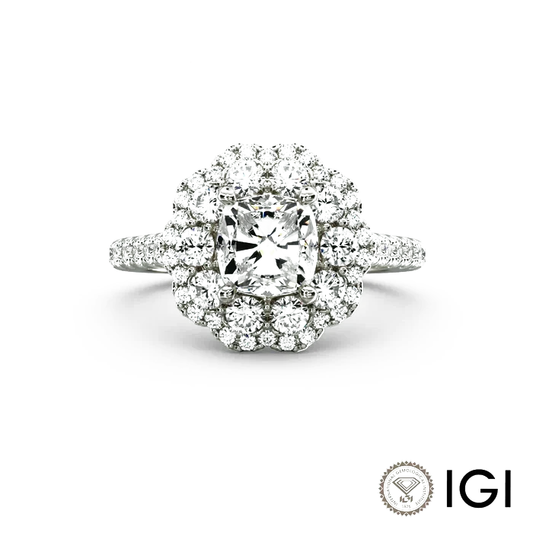 Luxury Cushion-Cut Diamond Engagement Ring | Custom K Gold Double Halo Lab-Grown Diamond with Half-Band Pavé Design - HER SHOP®