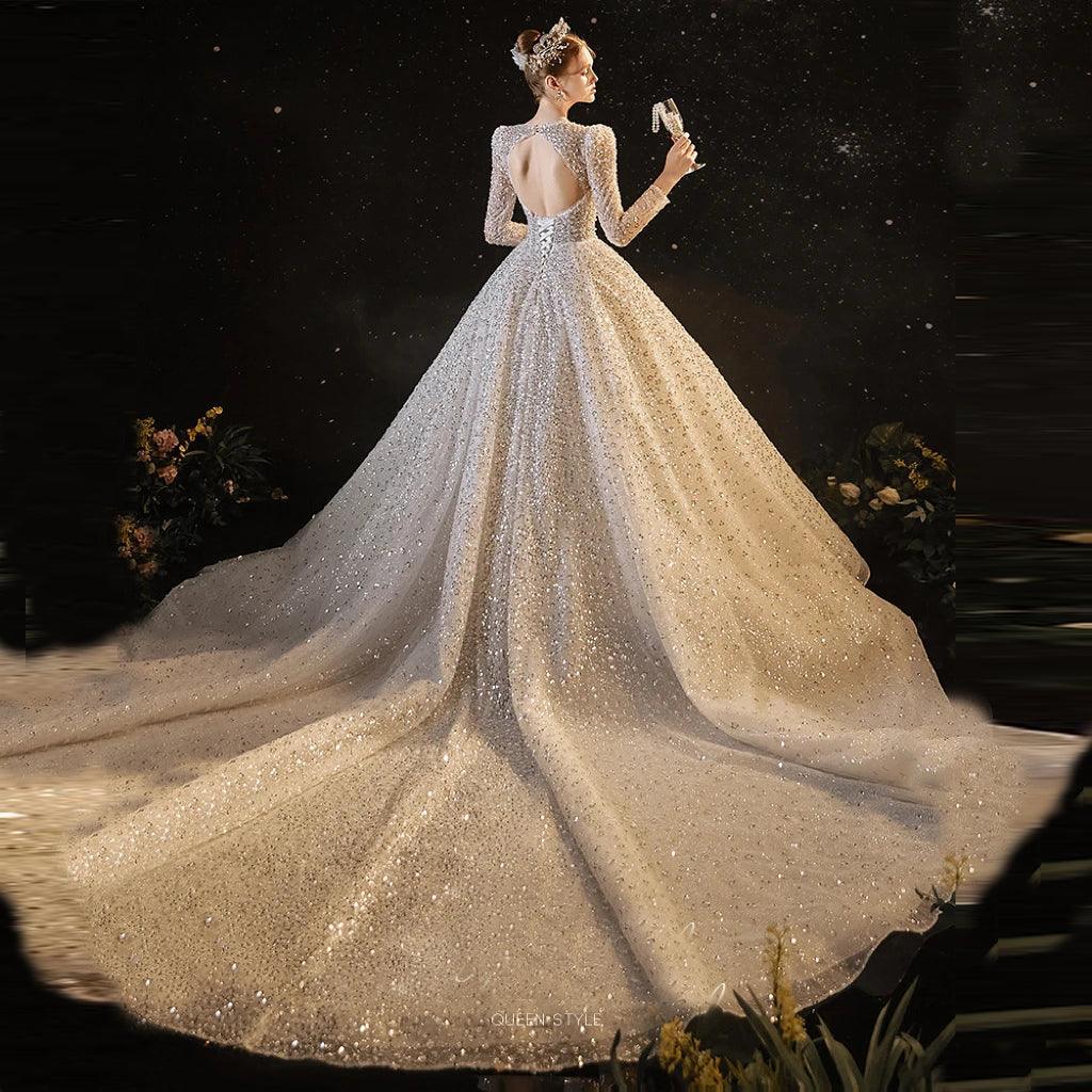 Luxury Sequined A-Line Wedding Dress - Custom Square Collar with Long HER SHOP Luxury Sequined A-Line Wedding Dress - Custom Square Collar with Long HER SHOP