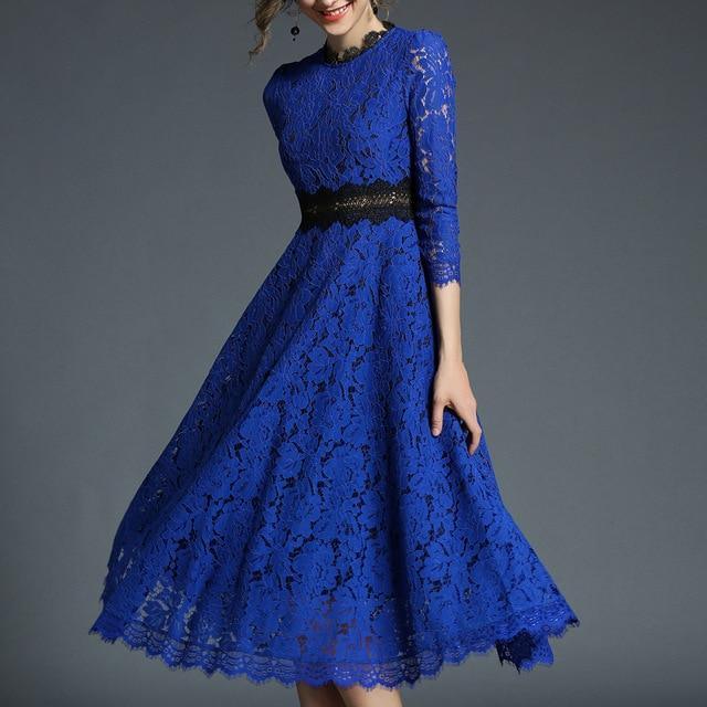 Elegant Lace Hollow Out Midi Dress with 3/4 Sleeves for Spring, Dark Blue / S Elegant Lace Hollow Out Midi Dress with 3/4 Sleeves for Spring, Dark Blue / S
