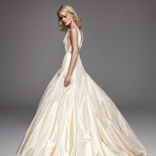 Elegant Satin A-Line Bridal Gown: Sexy Sleeveless V-Neck with Ruched Detailing - HER SHOP®