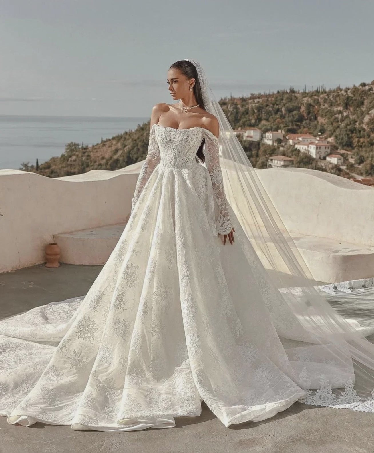 Customized Lace Wedding Dress Long Sleeve Off-Shoulder Princess Ball Gown Bridal Gown - HER SHOP