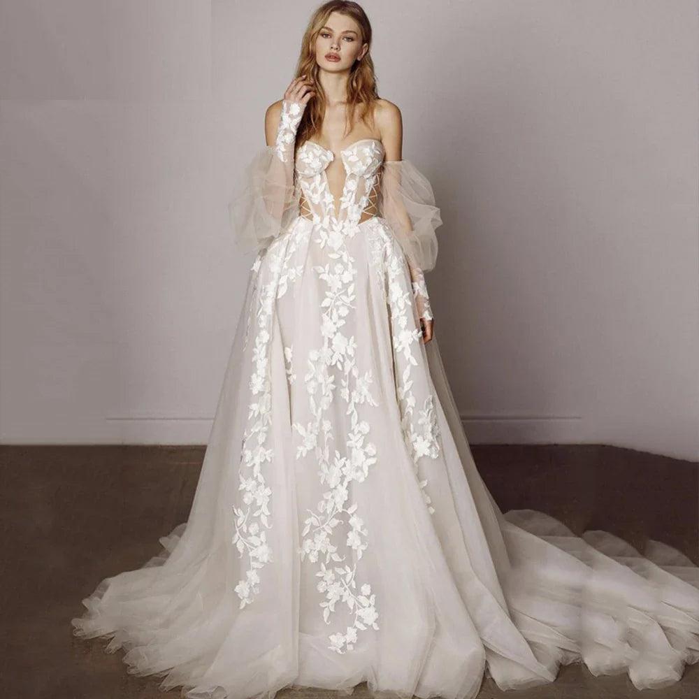 White Princess Illusion Wedding Dress with Deep V-Neck Corset & Sweep Train