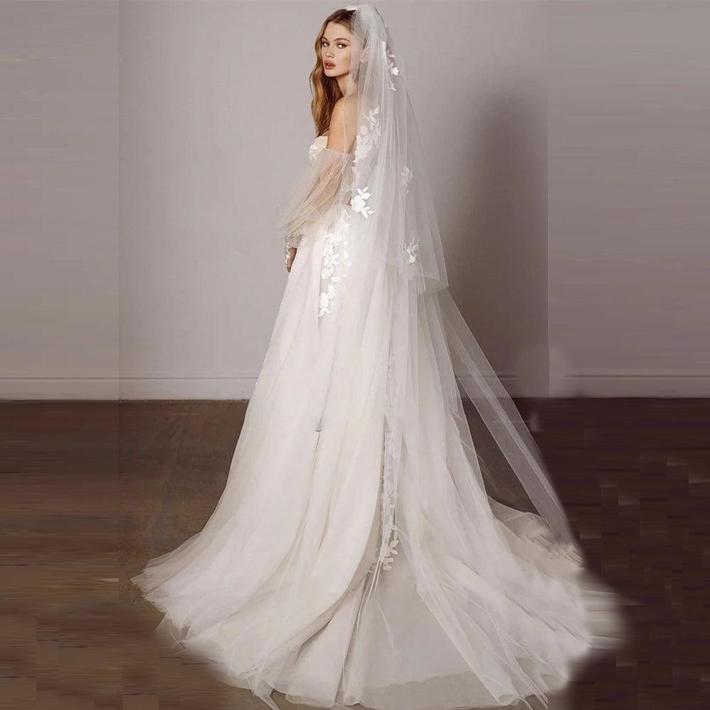 White Princess Illusion Wedding Dress with Deep V-Neck Corset & Sweep Train