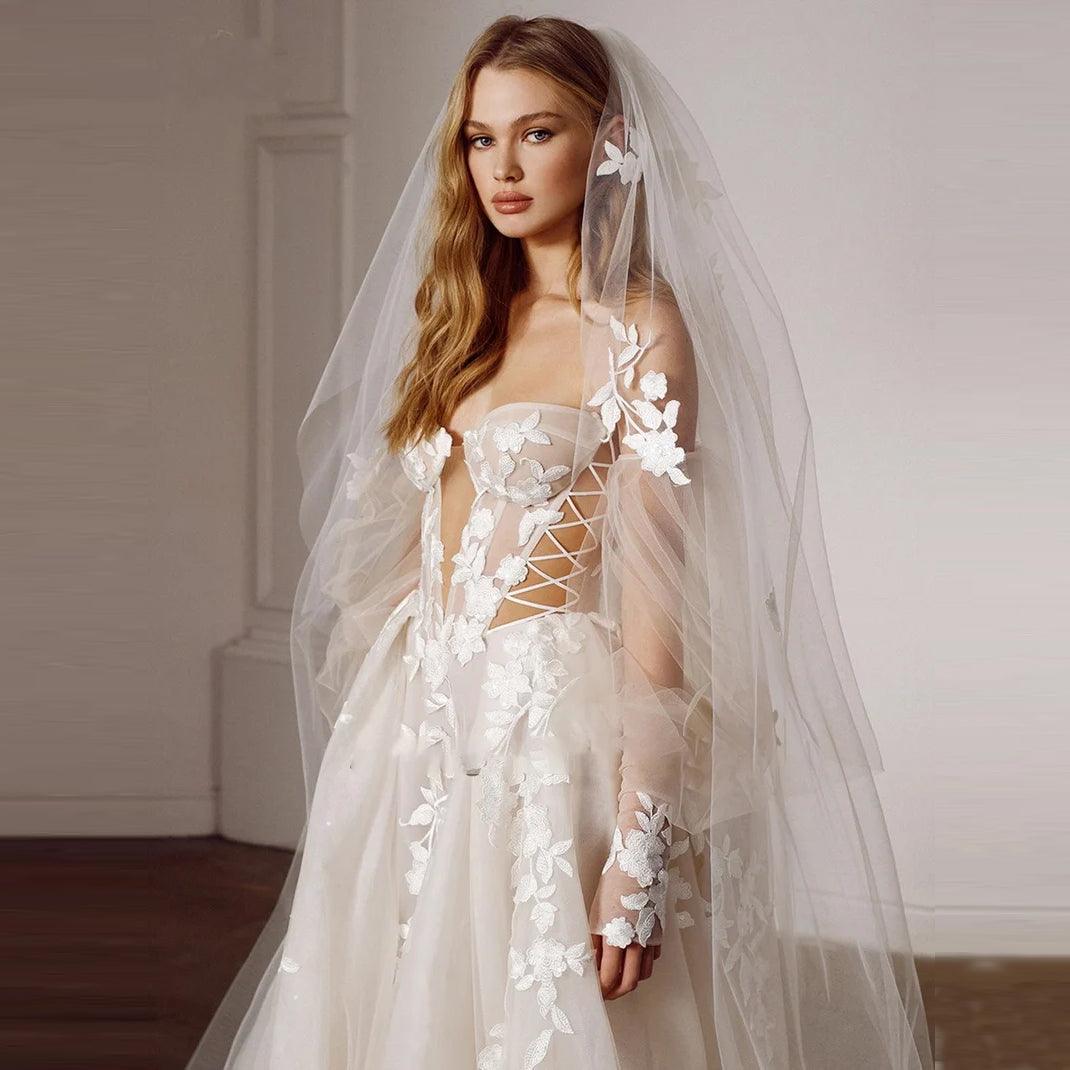 White Princess Illusion Wedding Dress with Deep V-Neck Corset & Sweep Train