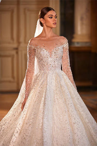 Royal French Princess Bridal Gown: Long-Sleeved Wedding Dress with Sparkling Beads