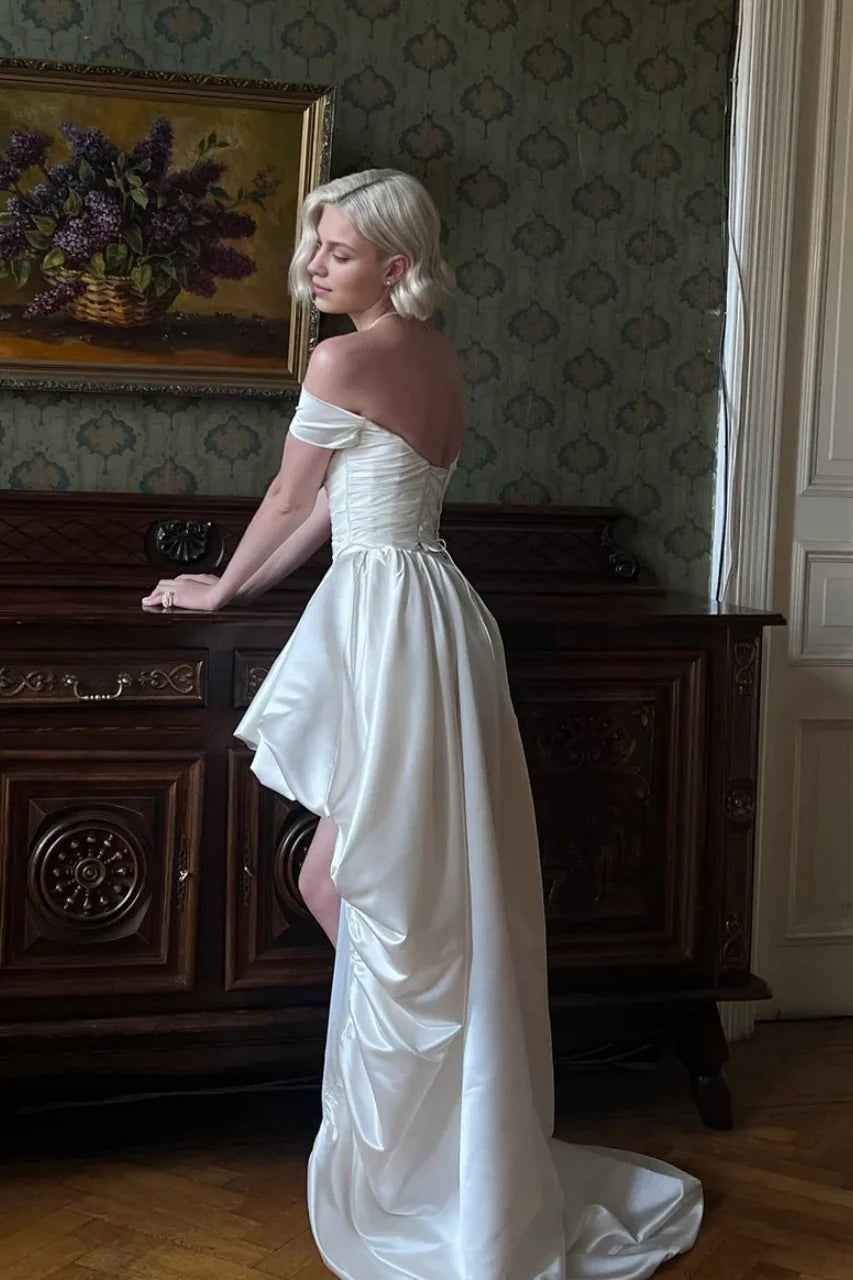 Custom Made Elegant Off Shoulder Short A-Line Wedding Dress with Puff Sleeves - High Low Soft Satin Bridal Gown - HER SHOP