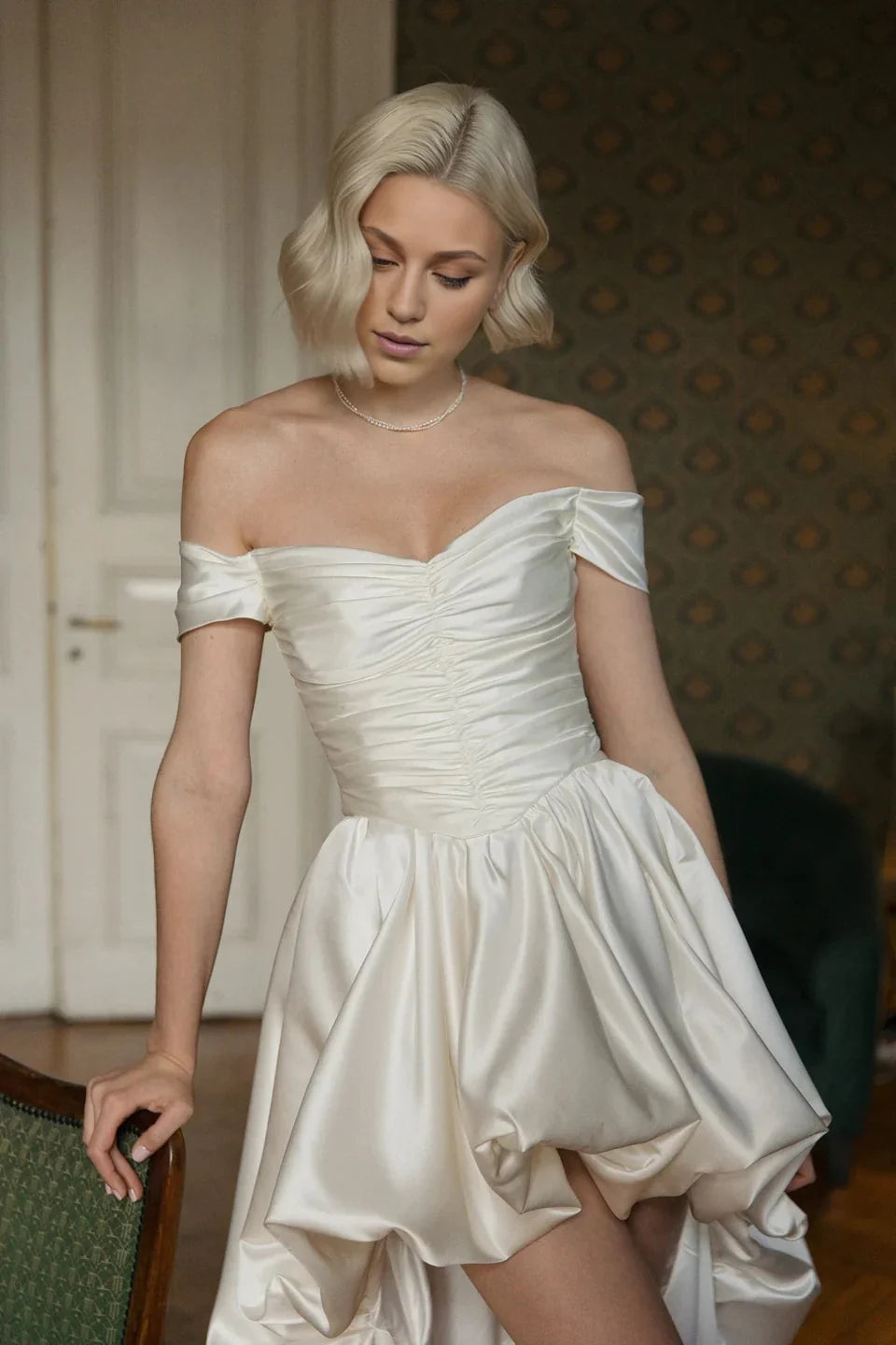 Custom Made Elegant Off Shoulder Short A-Line Wedding Dress with Puff Sleeves - High Low Soft Satin Bridal Gown - HER SHOP