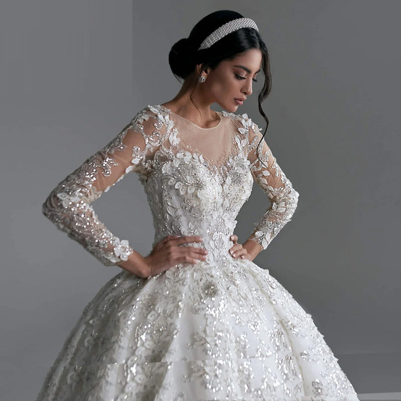 Long Sleeve Ball Gown with Sequined Beading & Royal Train
