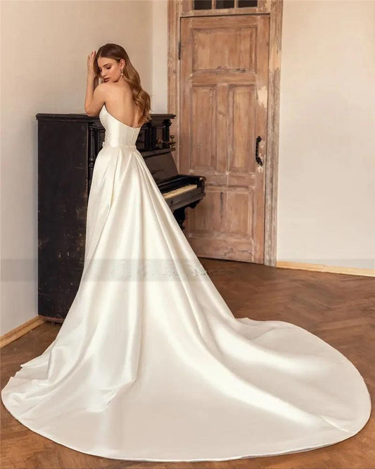 Ivory Satin Mermaid Wedding Dress - Elegant Detachable Train - HER SHOP