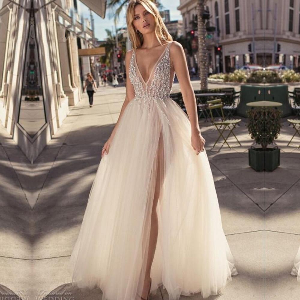 Custom Made Charming Backless V-Neck Wedding Dress Sexy High Split O HER SHOP Custom Made Charming Backless V-Neck Wedding Dress Sexy High Split O HER SHOP