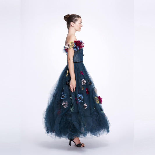 Floral Off The Shoulder Ankle Length Formal Event Gowns - HER SHOP