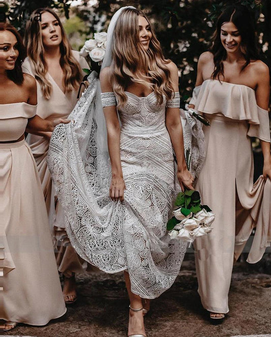 Bohemian Mermaid Wedding Dress Sexy Off The Shoulder Beach Bridal Gown With Lace Applique and Train - HER SHOP®