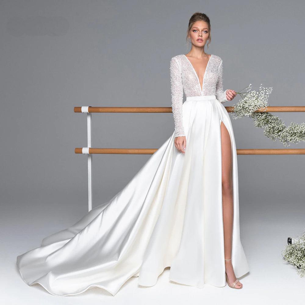 Custom Made Luxury Long Sleeve Satin Wedding Dress Simple & Chic Des HER SHOP Custom Made Luxury Long Sleeve Satin Wedding Dress Simple & Chic Des HER SHOP