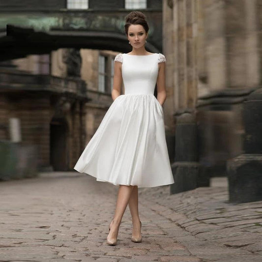 Simple and Classic Cap Sleeve New Short Sleeve Backless Wedding Dresses - HER SHOP