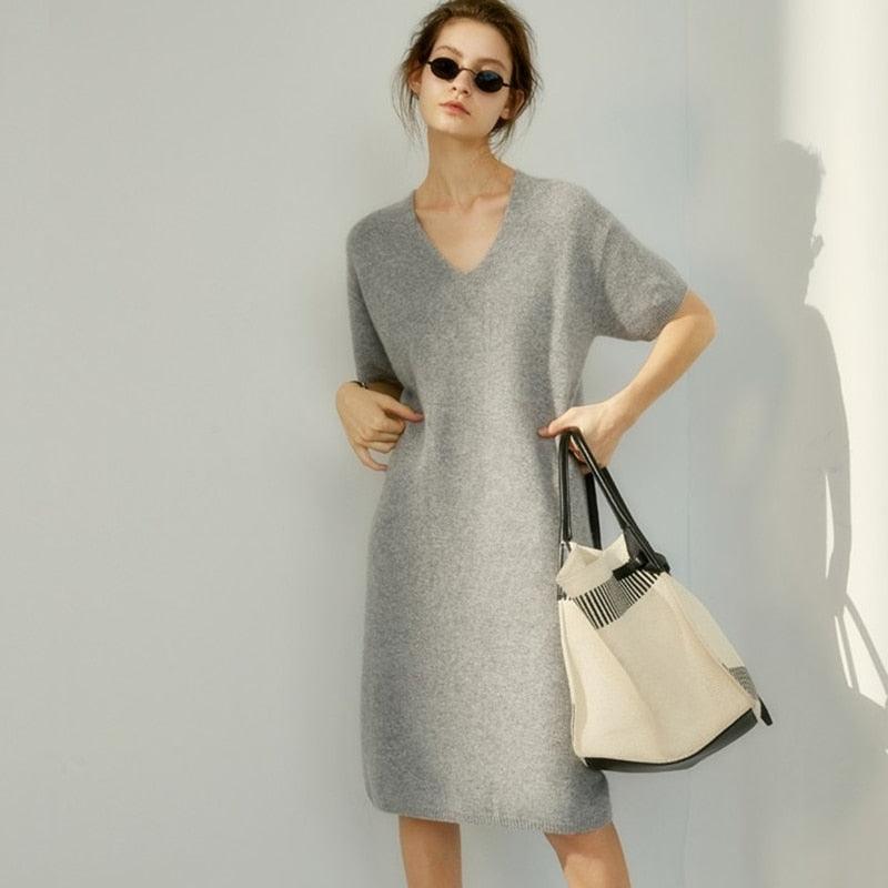 European and American trend V-neck high-grade cashmere sweater dress - HER SHOP