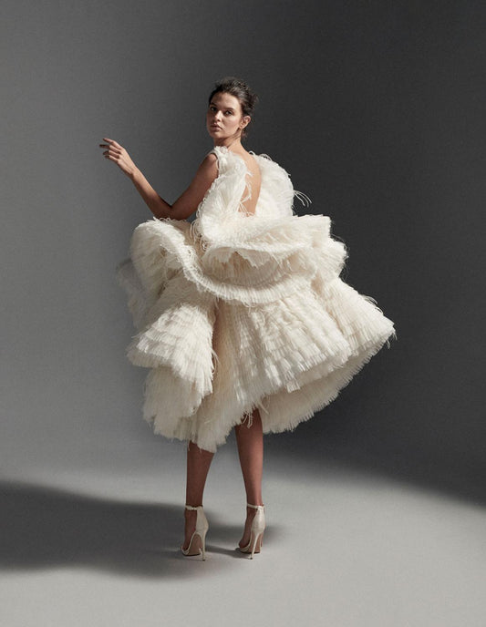 Chic Beige Draped Tulle High Low Formal Event Party Dresses - HER SHOP