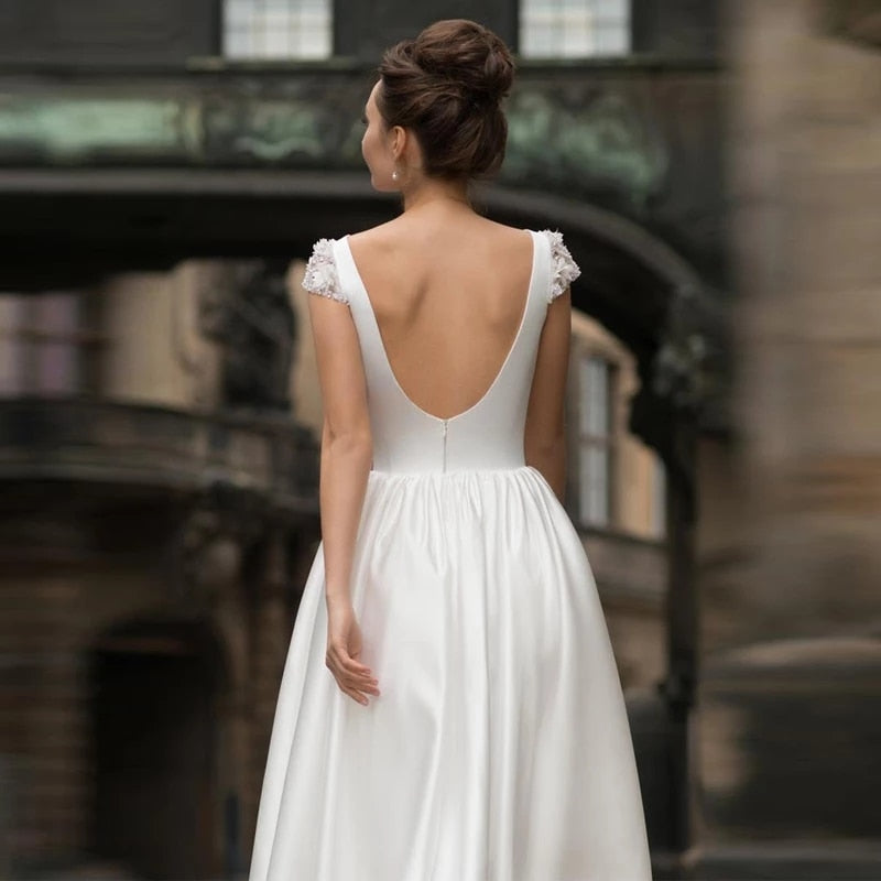 Simple and Classic Cap Sleeve New Short Sleeve Backless Wedding Dresse –  HER SHOP