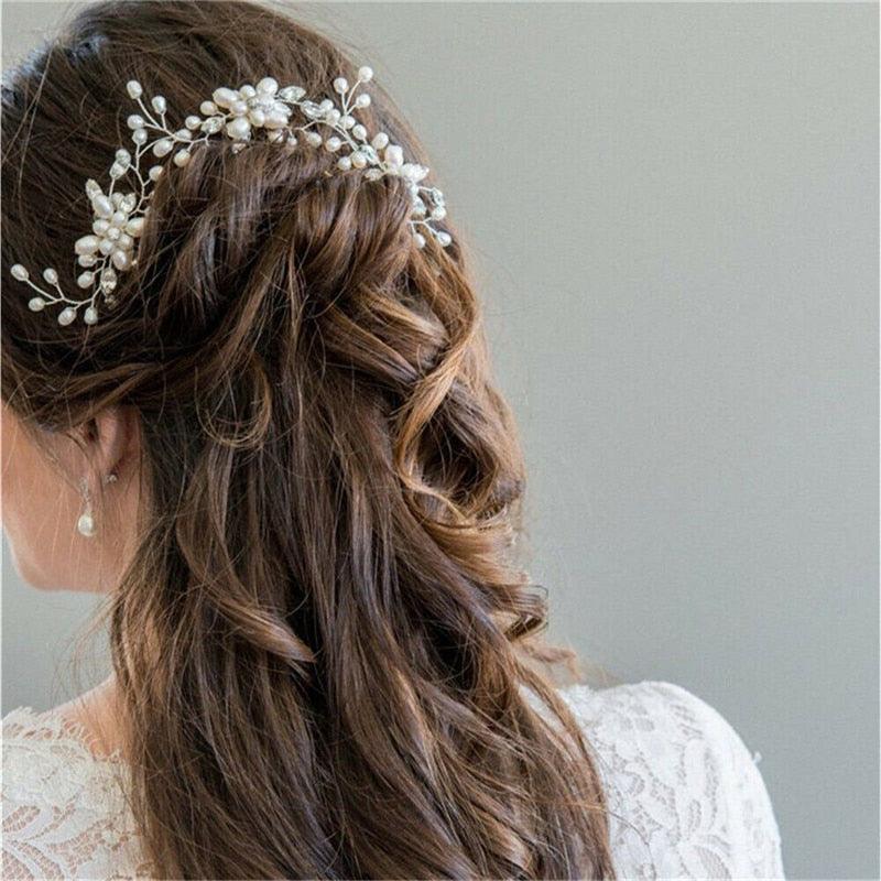 Crystal Pearl Bridal Tiaras Hairbands Hairpins Bridesmaid Diamante Hair Vine Accessories Wedding Jewelry 35cm Headwear