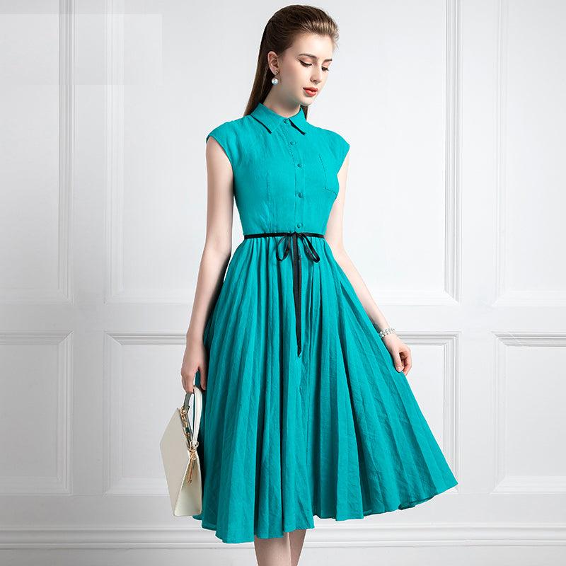High End New French Style Linen Retro Swing Hepburn Summer Dress Peacock green / M High End New French Style Linen Retro Swing Hepburn Summer Dress Peacock green / M