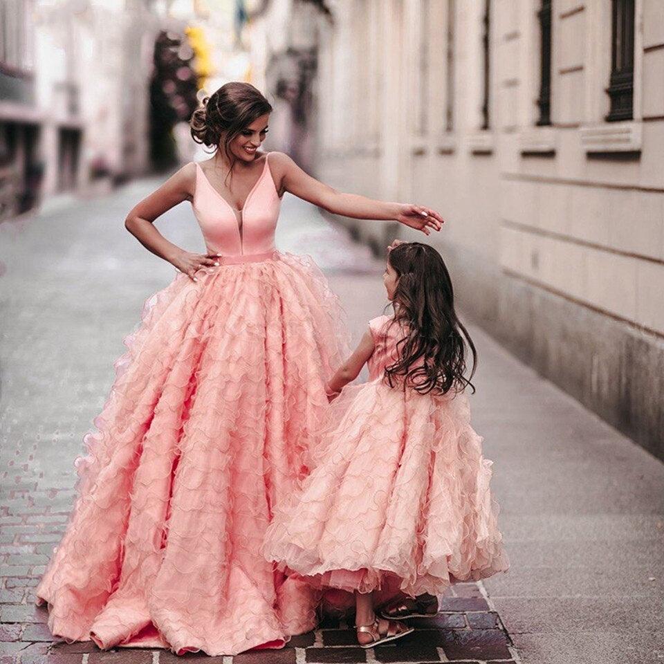 Her Shop Dress Coral Pink Tiered Ruffles Ball Mother Daughter Gown