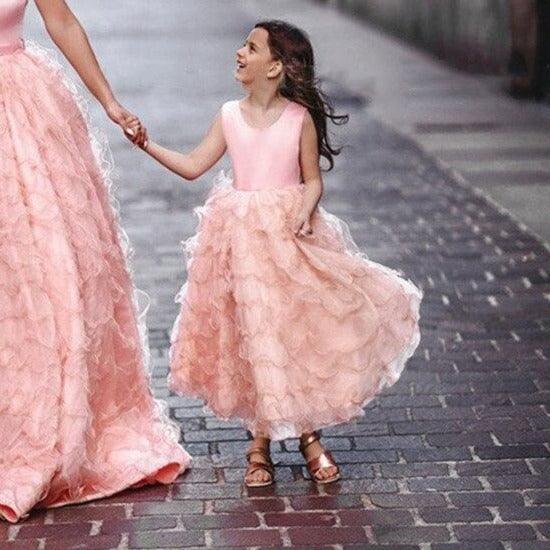 Her Shop Dress Coral Pink Tiered Ruffles Ball Mother Daughter Gown