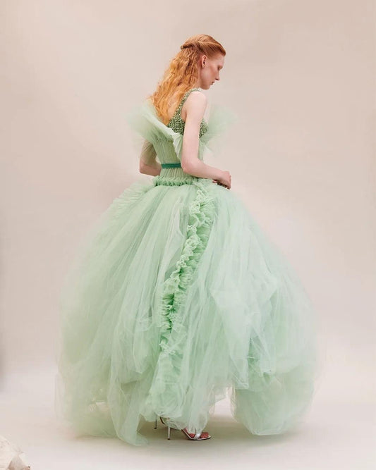 Pretty Mint Green Tulle Beaded Prom Gown - HER SHOP
