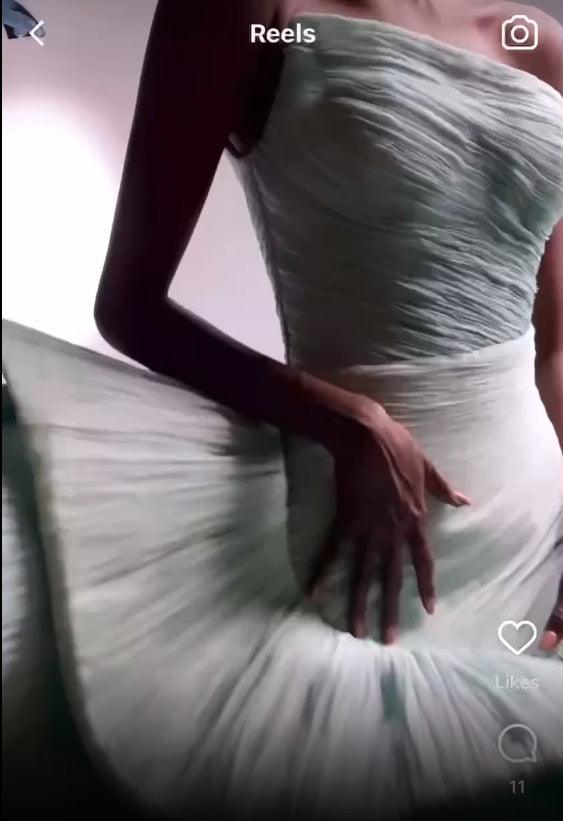 Haute couture Pale Blue Ruffles Tulle Mid Calf Length Long Prom Dress
