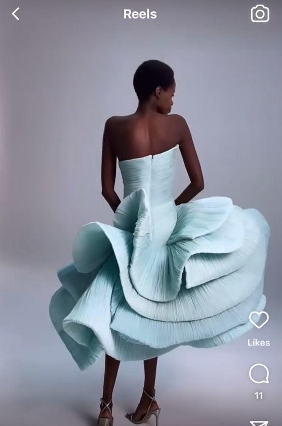 Haute couture Pale Blue Ruffles Tulle Mid Calf Length Long Prom Dress