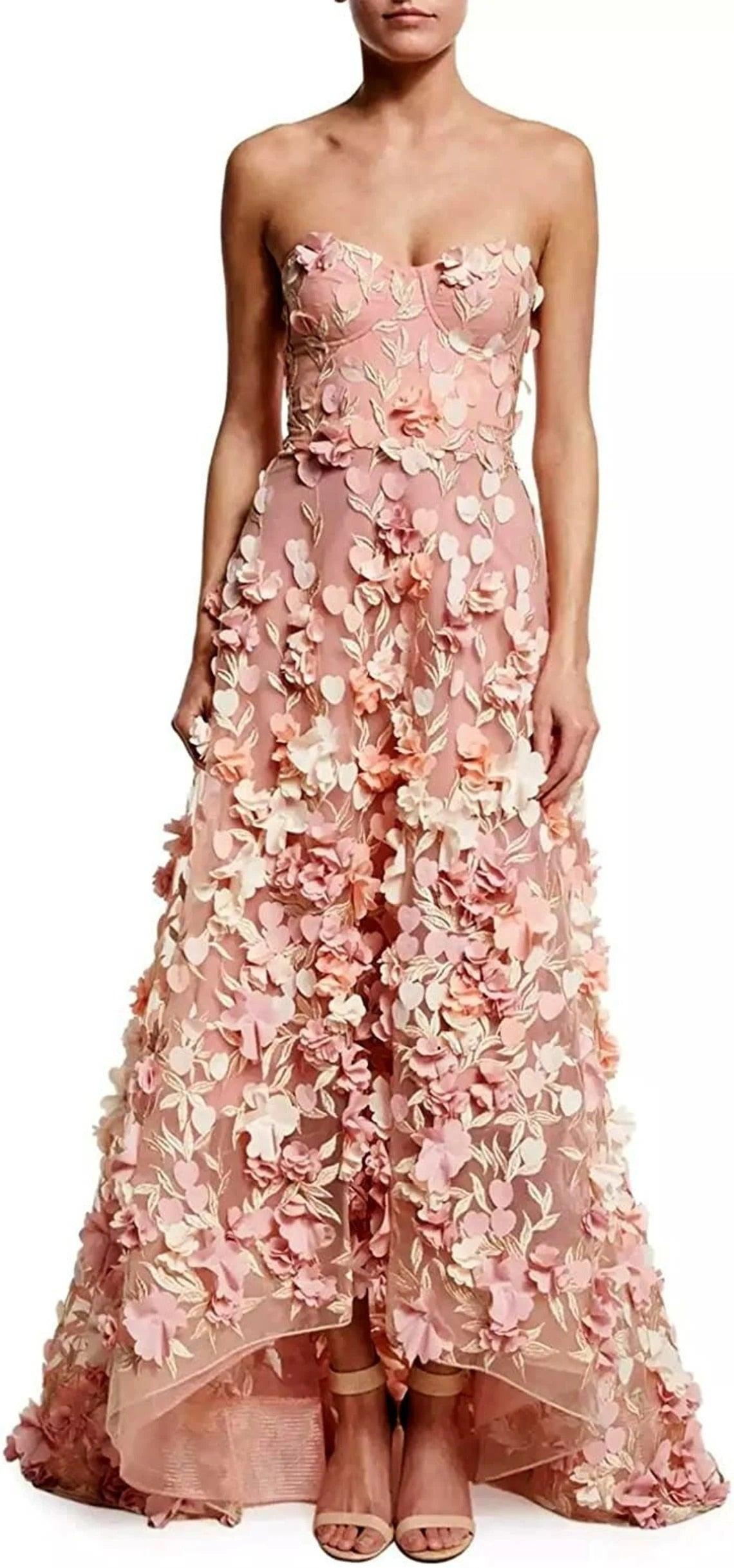 Strapless A-line Asymmetry Layered Floral Prom Dresses