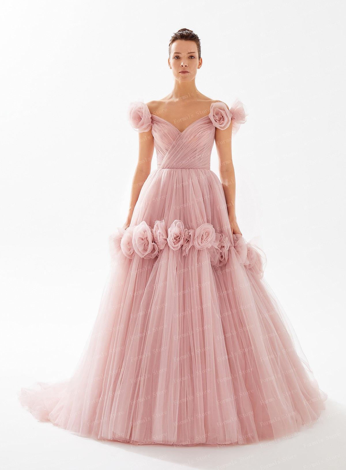 Off Shoulder Backless Floral A-line Prom Dresses