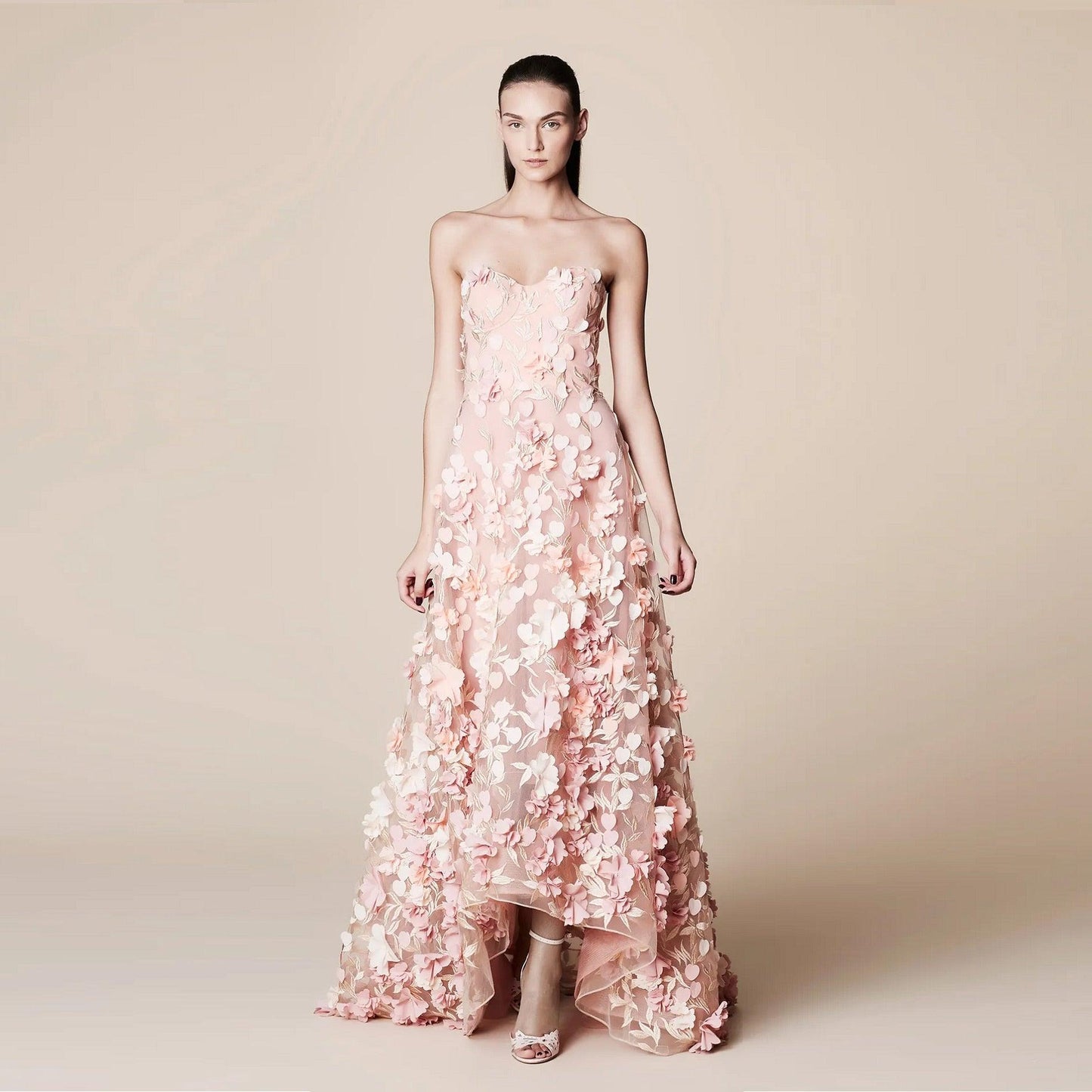 Strapless A-line Asymmetry Layered Floral Prom Dresses
